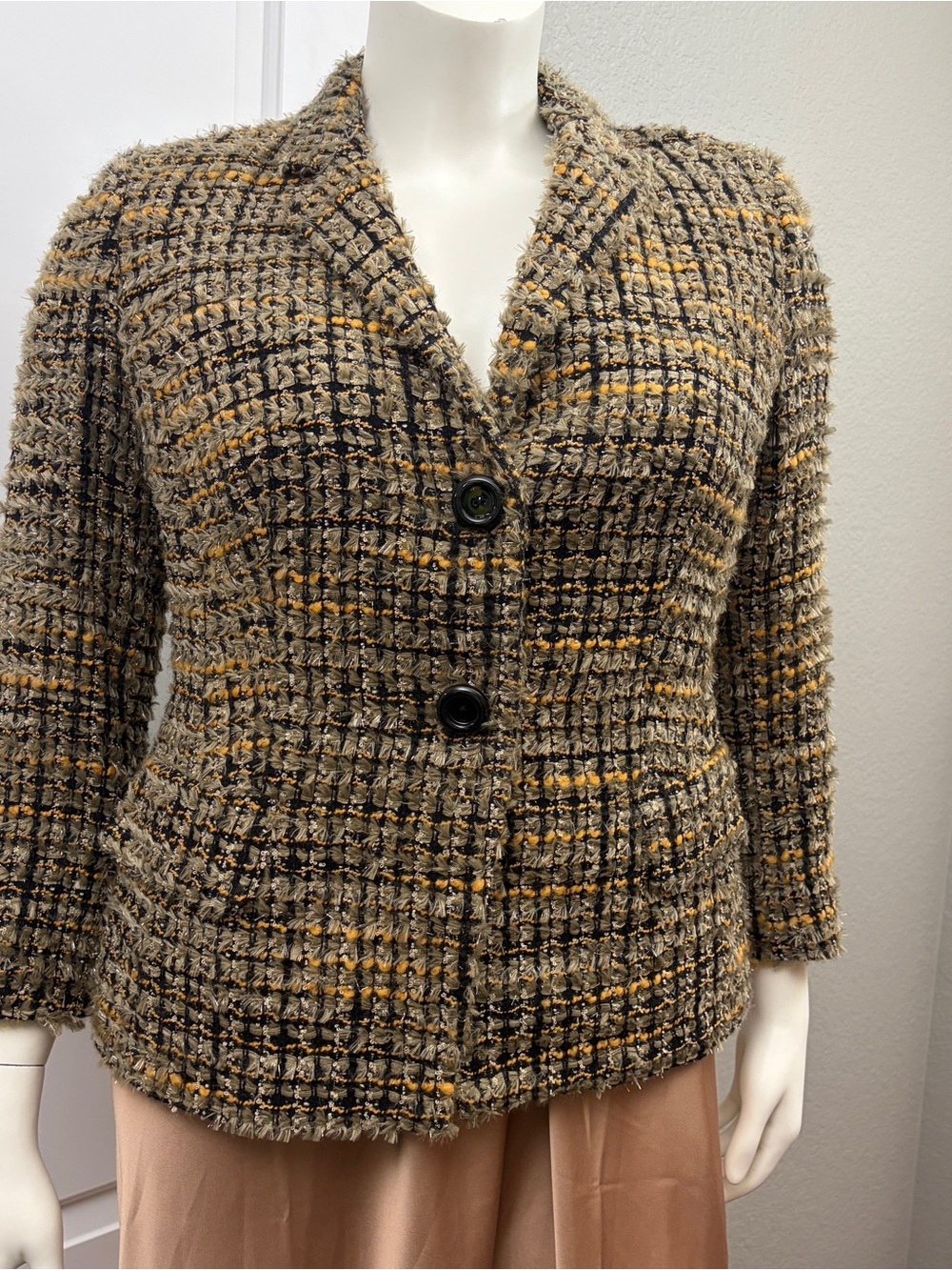 Marina Rinaldi Taupe, Black & Mustard Metallic Bouclé Blazer - Size 23 Italian